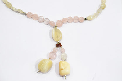 Natural Pink Opal and Rose Quartz Tassel Necklace Set - Rainbow Moonstone and Carnelian Beaded Y Necklace with Matching Earrings , 32871