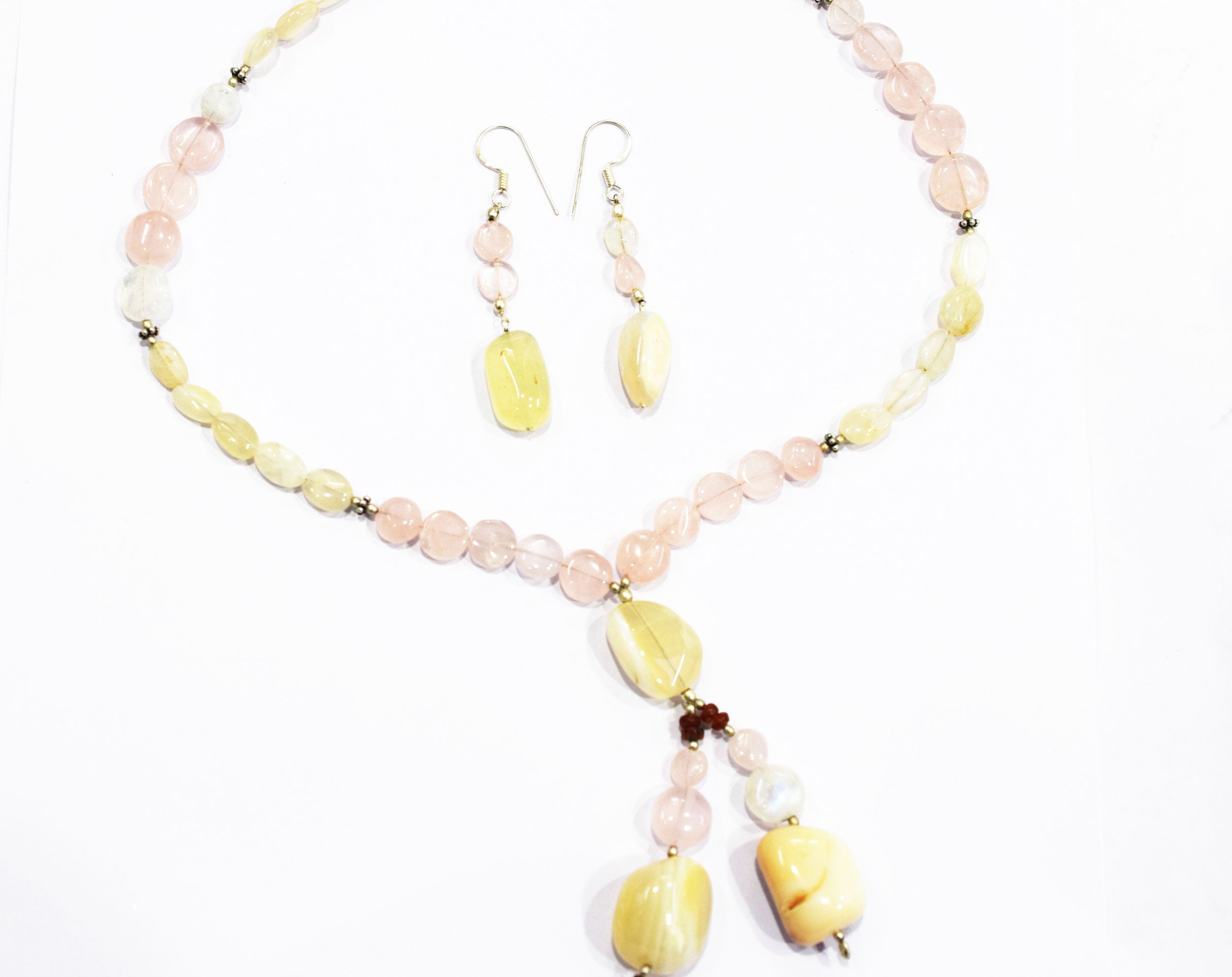 Natural Pink Opal and Rose Quartz Tassel Necklace Set - Rainbow Moonstone and Carnelian Beaded Y Necklace with Matching Earrings , 32871