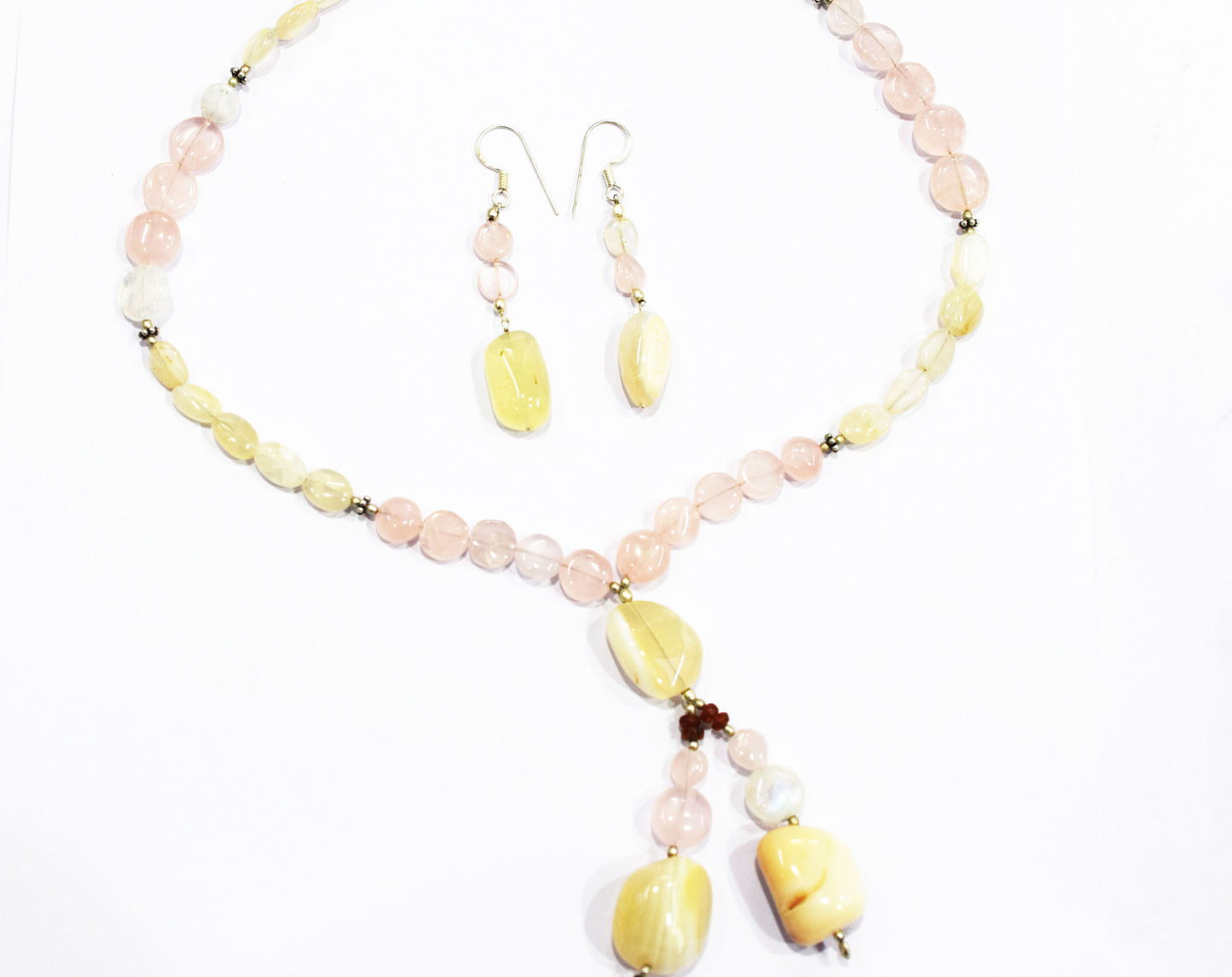 Natural Pink Opal and Rose Quartz Tassel Necklace Set - Rainbow Moonstone and Carnelian Beaded Y Necklace with Matching Earrings , 32871