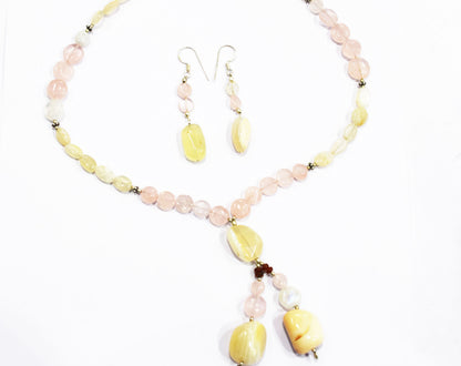 Natural Pink Opal and Rose Quartz Tassel Necklace Set - Rainbow Moonstone and Carnelian Beaded Y Necklace with Matching Earrings , 32871