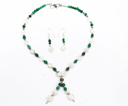 Natural Moonstone and Green Aventurine Necklace Set,Boho Gemstone Jewelry Set with Earrings, 32872