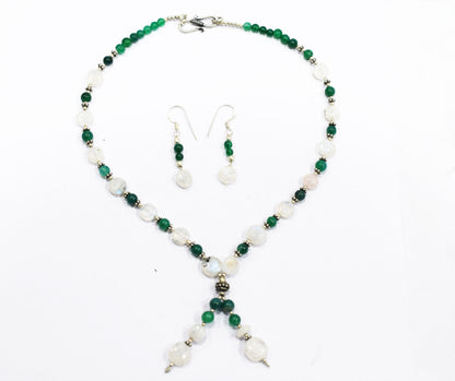 Natural Moonstone and Green Aventurine Necklace Set,Boho Gemstone Jewelry Set with Earrings, 32872