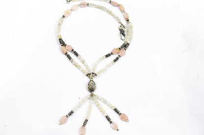Natural Rose Quartz Beaded Statement Necklace with Matching Dangle Earrings, Perfect Gift Set For Her, 32873