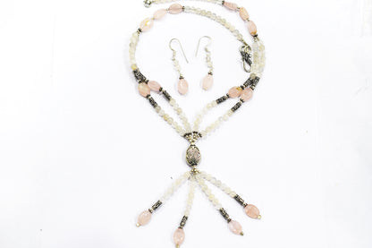 Natural Rose Quartz Beaded Statement Necklace with Matching Dangle Earrings, Perfect Gift Set For Her, 32873