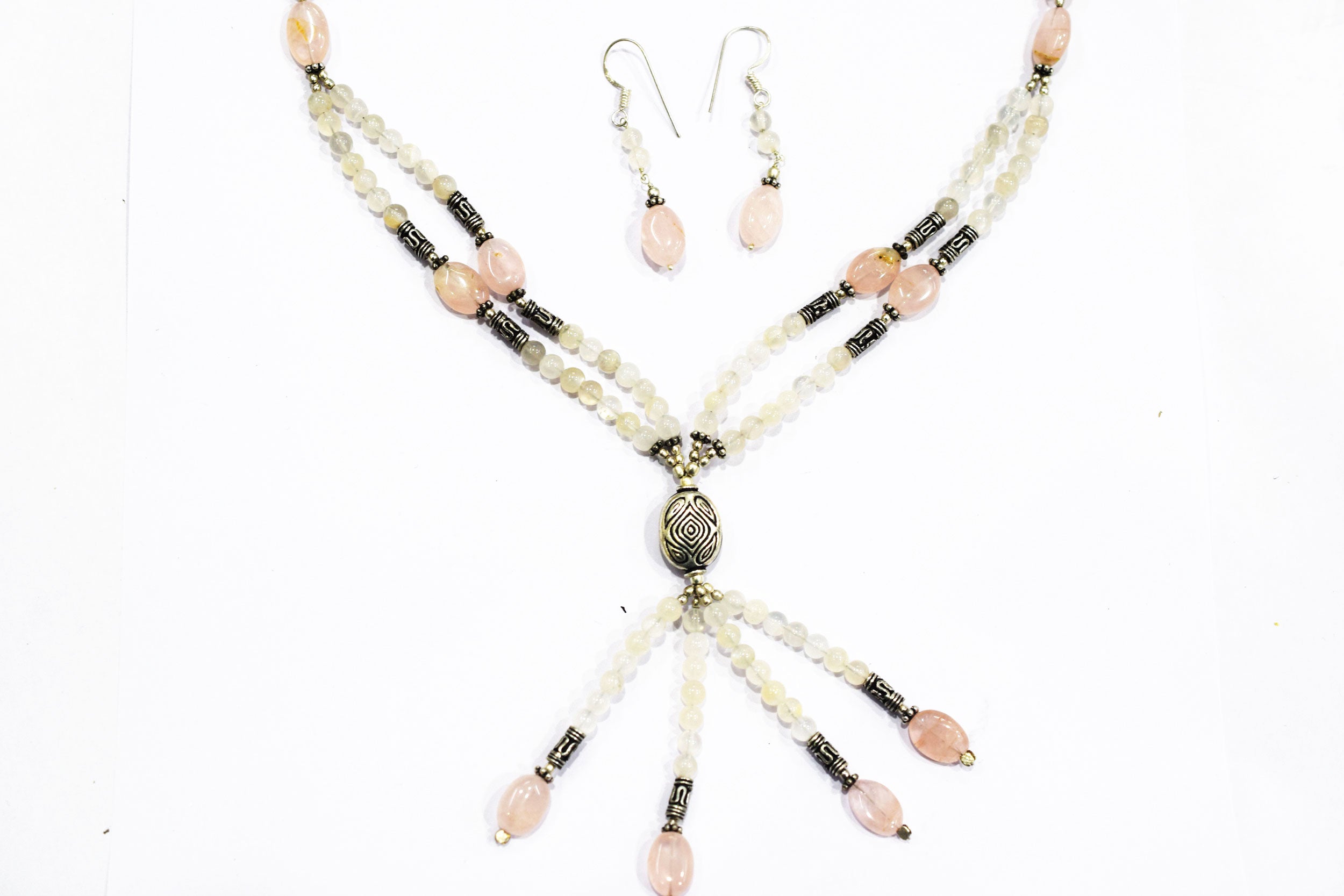 Natural Rose Quartz Beaded Statement Necklace with Matching Dangle Earrings, Perfect Gift Set For Her, 32873