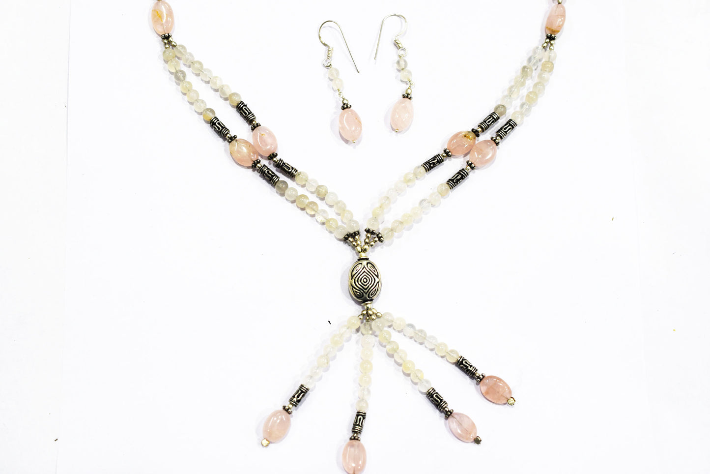 Natural Rose Quartz Beaded Statement Necklace with Matching Dangle Earrings, Perfect Gift Set For Her, 32873