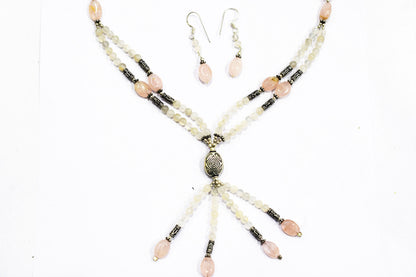 Natural Rose Quartz Beaded Statement Necklace with Matching Dangle Earrings, Perfect Gift Set For Her, 32873