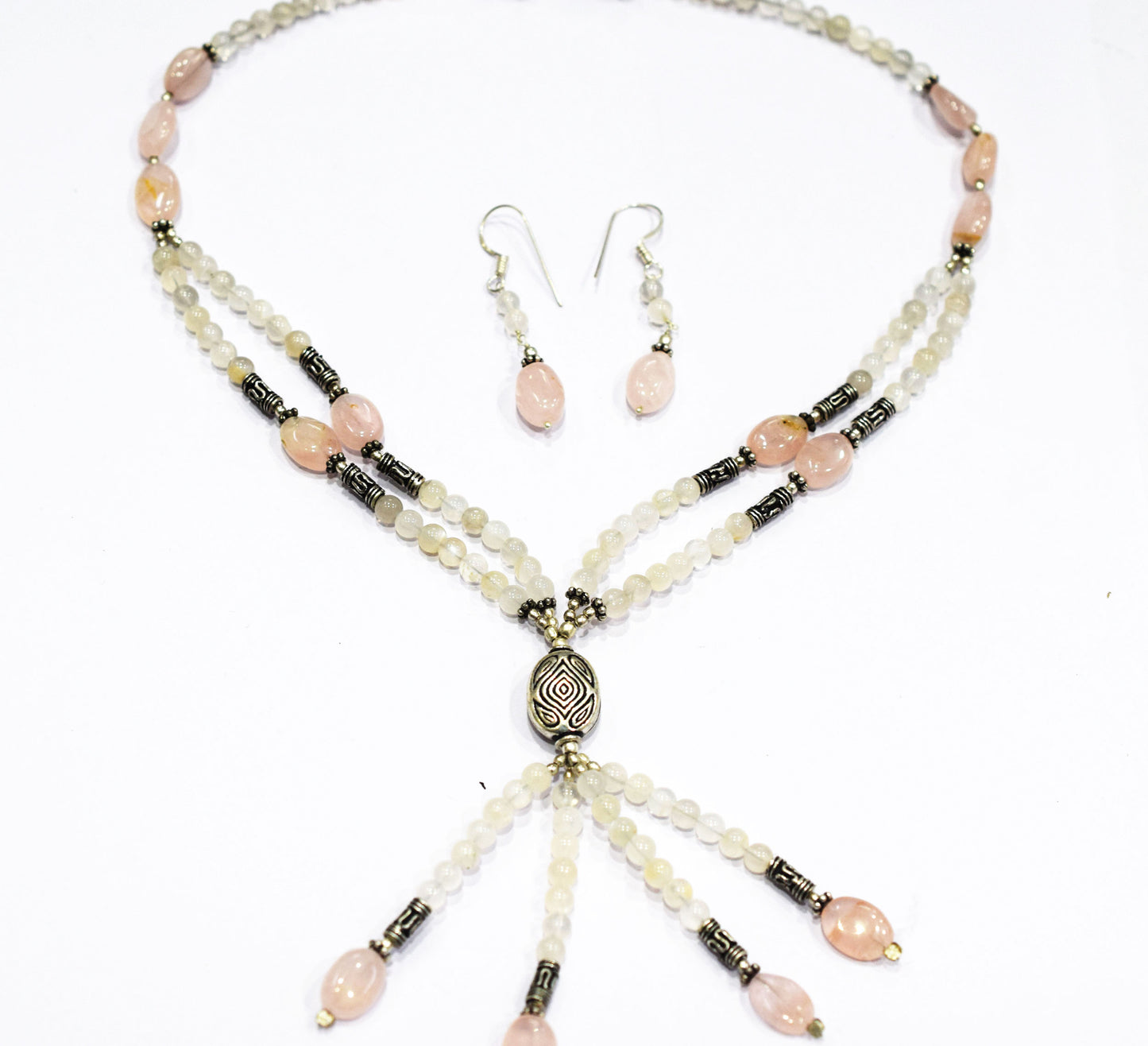 Natural Rose Quartz Beaded Statement Necklace with Matching Dangle Earrings, Perfect Gift Set For Her, 32873