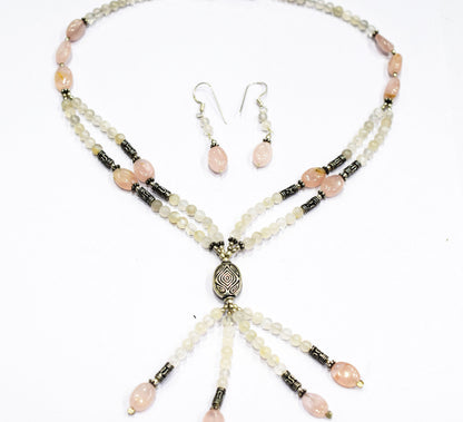 Natural Rose Quartz Beaded Statement Necklace with Matching Dangle Earrings, Perfect Gift Set For Her, 32873