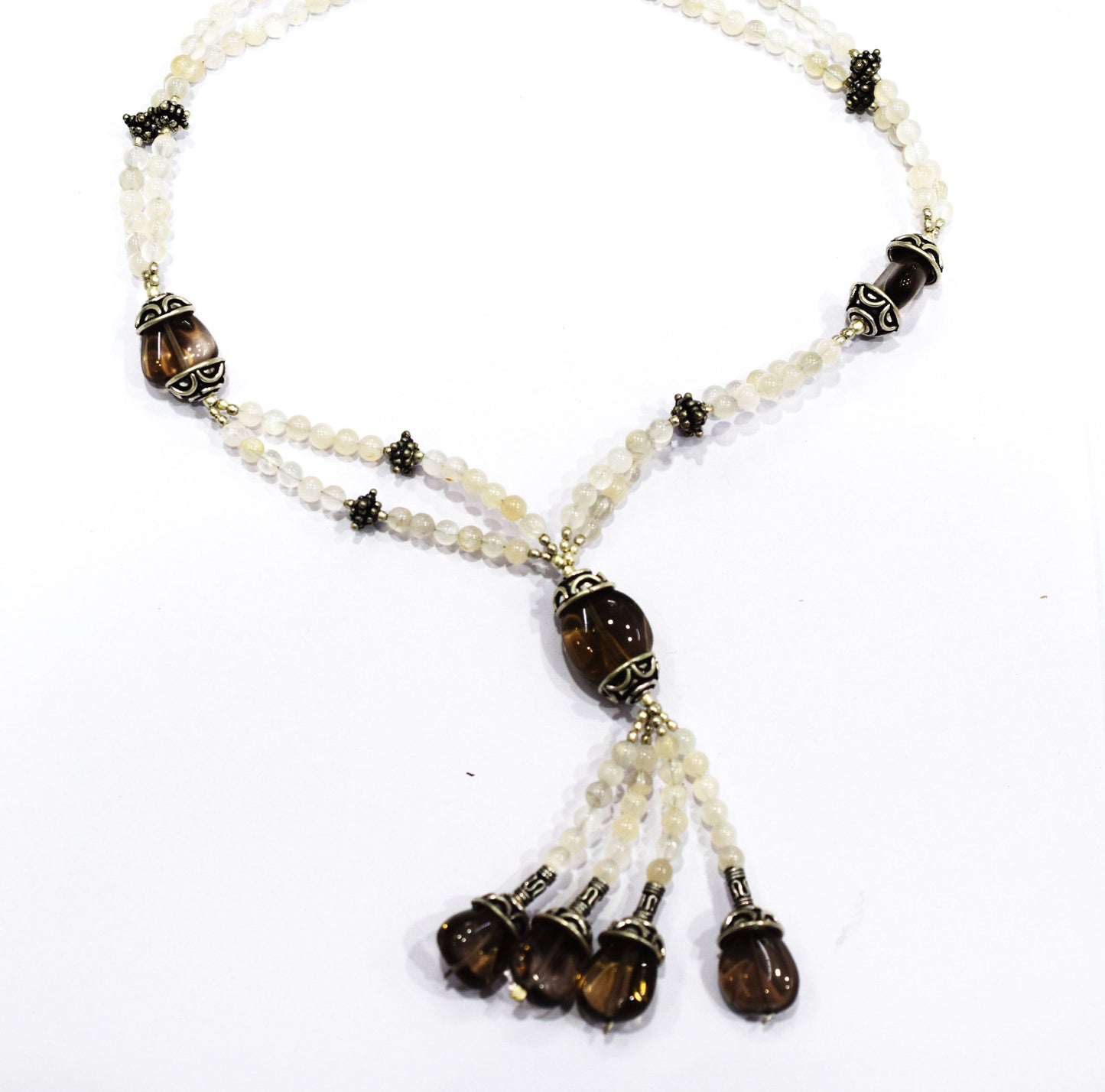 Natural Smoky Quartz Beaded Statement Necklace with Rose Quartz Accent Earring Set, Gift For Her , 32874