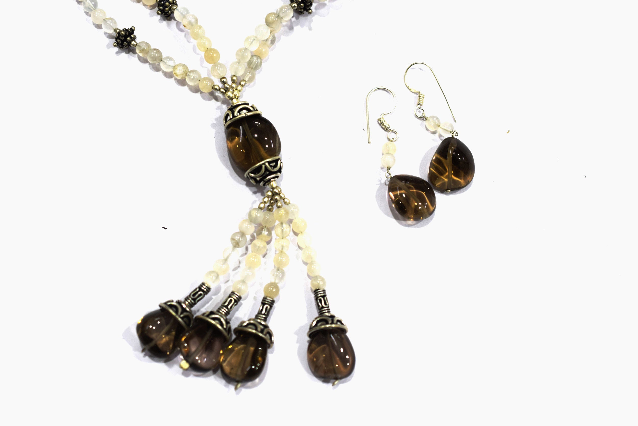 Natural Smoky Quartz Beaded Statement Necklace with Rose Quartz Accent Earring Set, Gift For Her , 32874