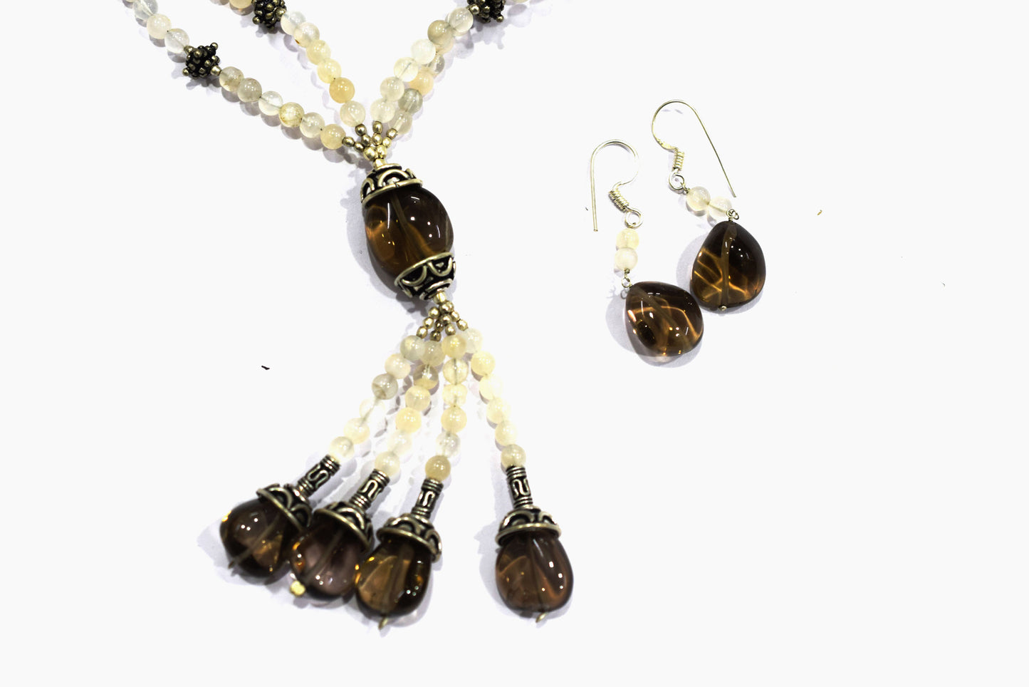 Natural Smoky Quartz Beaded Statement Necklace with Rose Quartz Accent Earring Set, Gift For Her , 32874