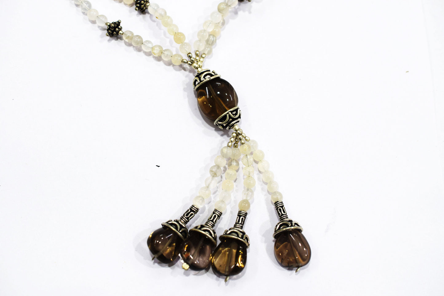 Natural Smoky Quartz Beaded Statement Necklace with Rose Quartz Accent Earring Set, Gift For Her , 32874
