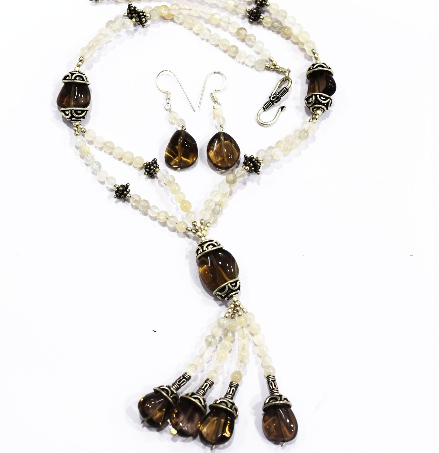 Natural Smoky Quartz Beaded Statement Necklace with Rose Quartz Accent Earring Set, Gift For Her , 32874