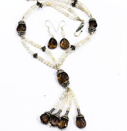 Natural Smoky Quartz Beaded Statement Necklace with Rose Quartz Accent Earring Set, Gift For Her , 32874