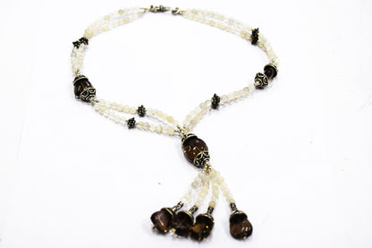 Natural Smoky Quartz Beaded Statement Necklace with Rose Quartz Accent Earring Set, Gift For Her , 32874