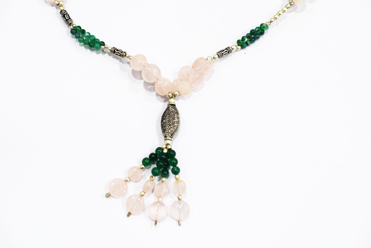 Natural Green Aventurine and Rose Quartz Tassel Necklace Set - Single Strand Gemstone Beaded Y Choker with Drop Earrings, 32880