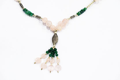 Natural Green Aventurine and Rose Quartz Tassel Necklace Set - Single Strand Gemstone Beaded Y Choker with Drop Earrings, 32880