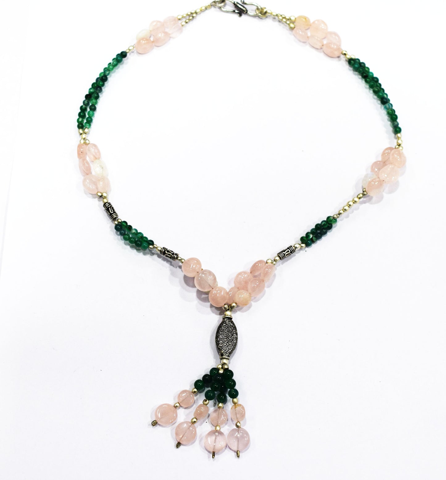 Natural Green Aventurine and Rose Quartz Tassel Necklace Set - Single Strand Gemstone Beaded Y Choker with Drop Earrings, 32880