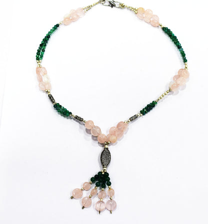 Natural Green Aventurine and Rose Quartz Tassel Necklace Set - Single Strand Gemstone Beaded Y Choker with Drop Earrings, 32880