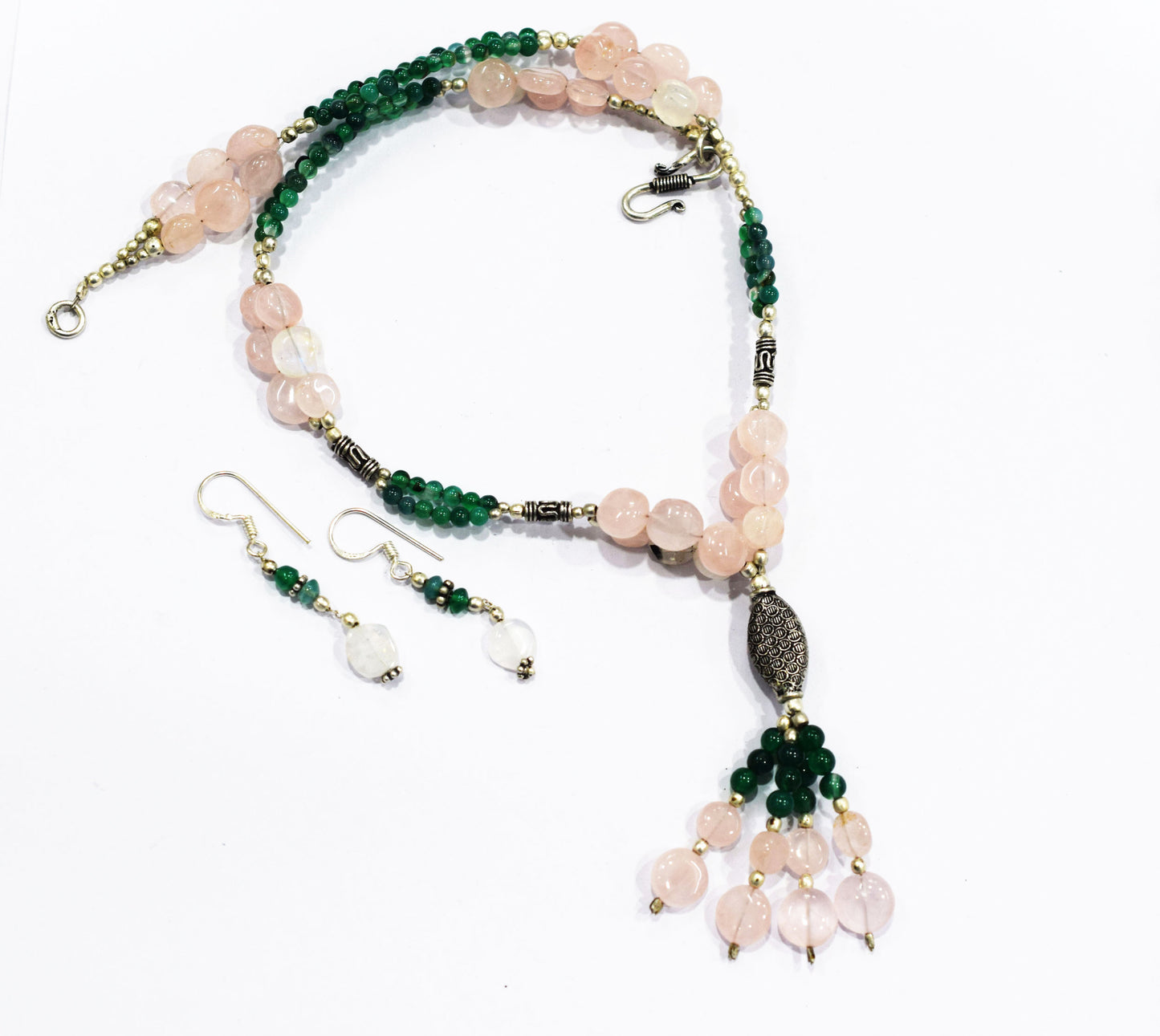 Natural Green Aventurine and Rose Quartz Tassel Necklace Set - Single Strand Gemstone Beaded Y Choker with Drop Earrings, 32880