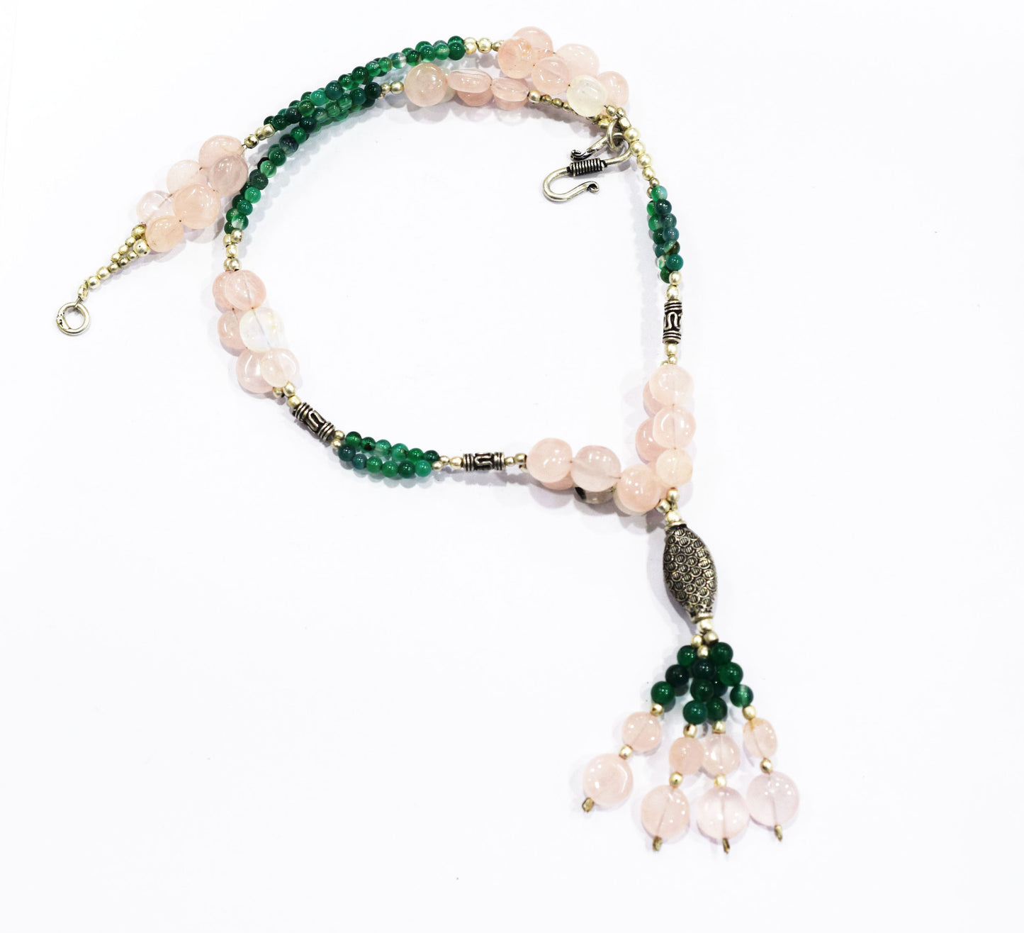 Natural Green Aventurine and Rose Quartz Tassel Necklace Set - Single Strand Gemstone Beaded Y Choker with Drop Earrings, 32880