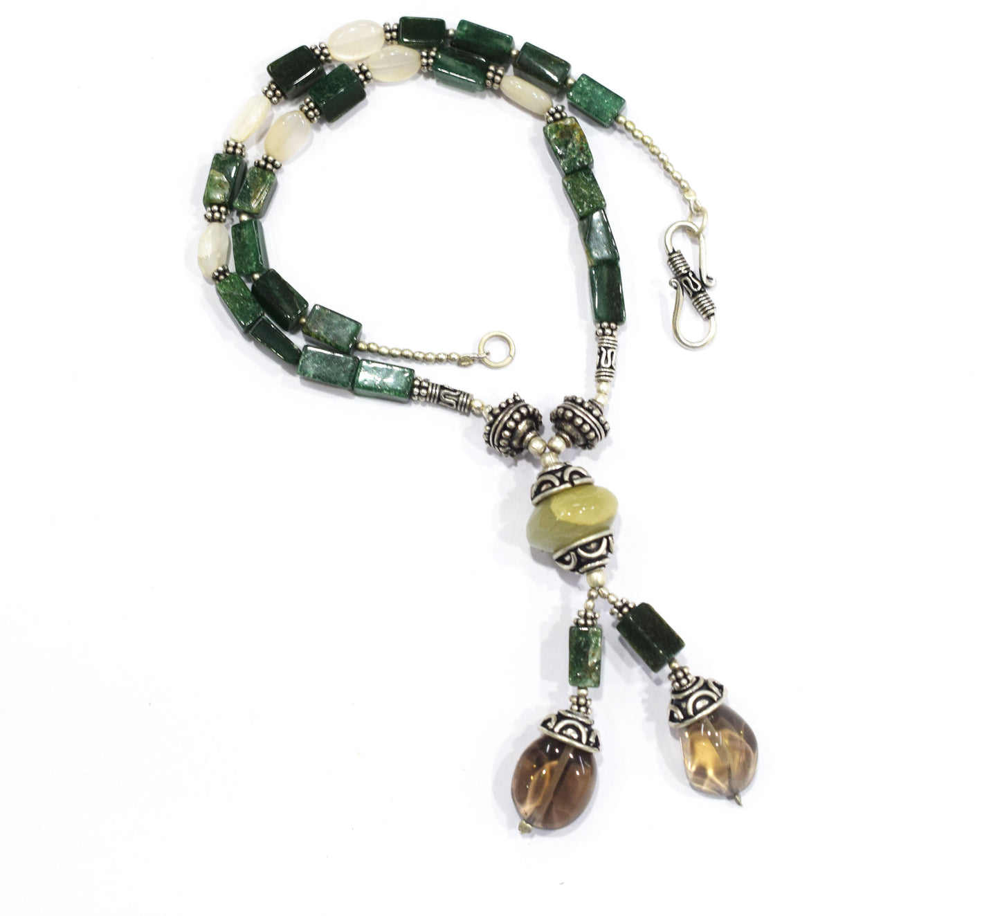 Green Aventurine Smoky Quartz Lariat Necklace, White Agate Beaded Y-Necklace, Earthy Boho Gemstone Drop Necklace, Crystal, 32876