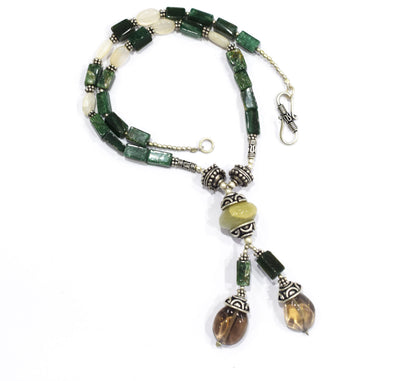 Green Aventurine Smoky Quartz Lariat Necklace, White Agate Beaded Y-Necklace, Earthy Boho Gemstone Drop Necklace, Crystal, 32876