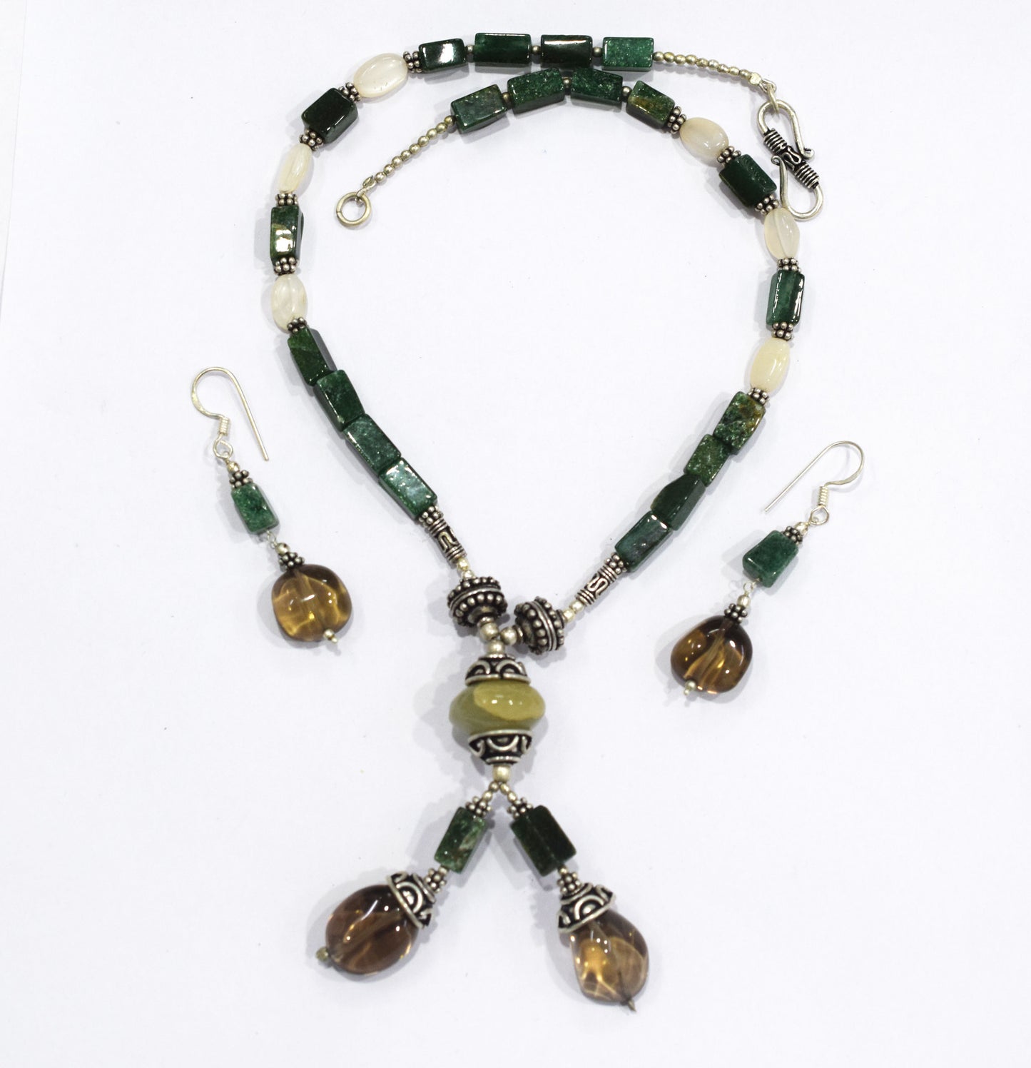Green Aventurine Smoky Quartz Lariat Necklace, White Agate Beaded Y-Necklace, Earthy Boho Gemstone Drop Necklace, Crystal, 32876