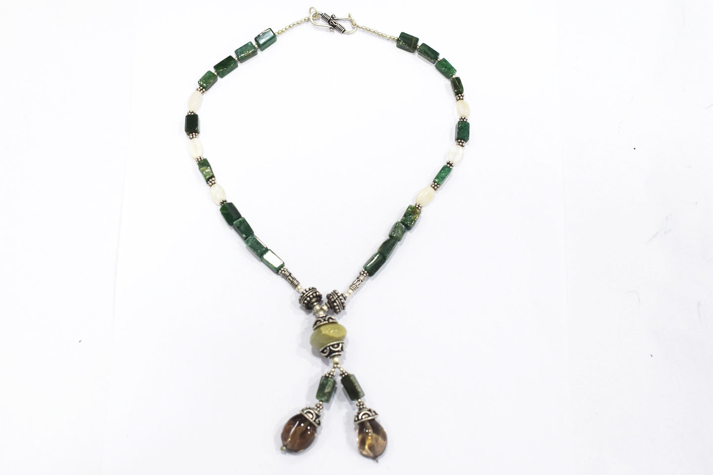Green Aventurine Smoky Quartz Lariat Necklace, White Agate Beaded Y-Necklace, Earthy Boho Gemstone Drop Necklace, Crystal, 32876