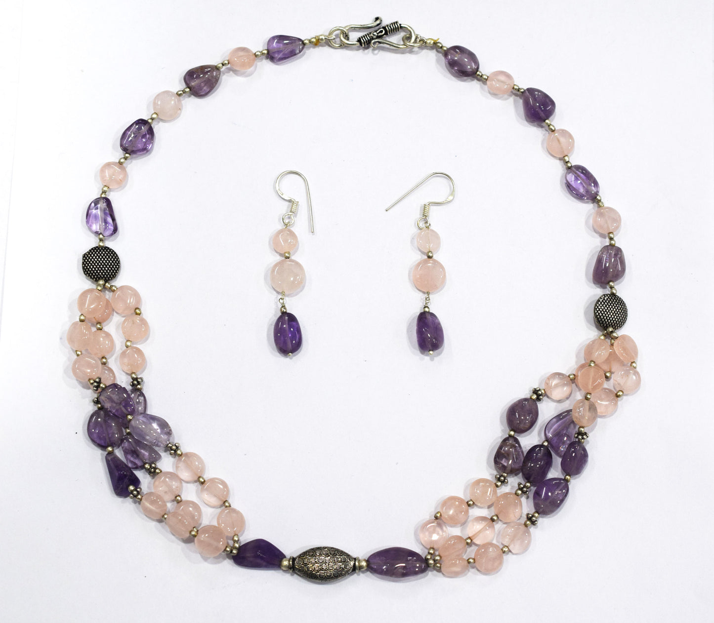 Amethyst Rose Quartz Multi-Strand Jewelry Set, 3-Layer Beaded Gemstone Necklace and Earrings, 32877