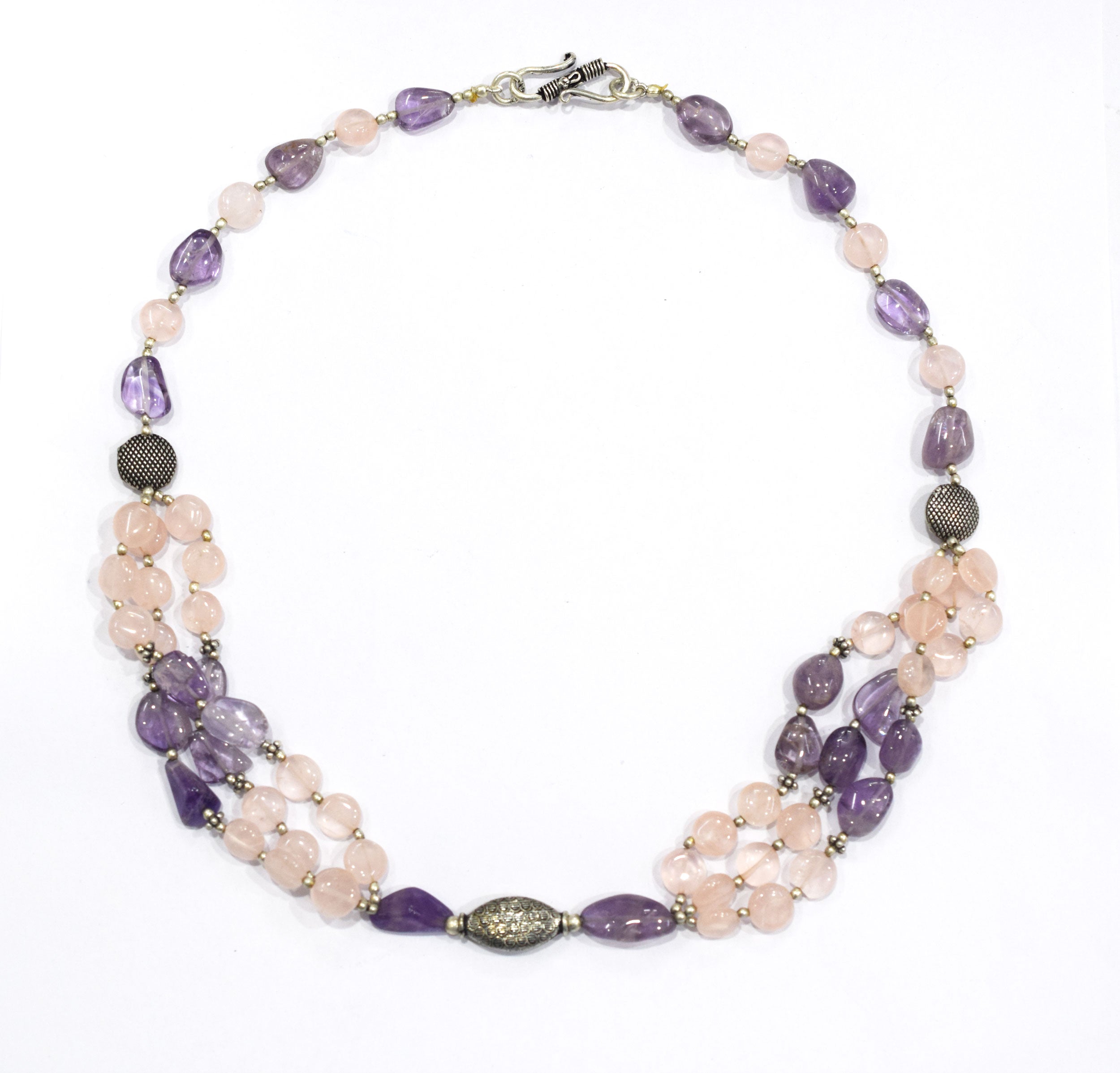 Amethyst Rose Quartz Multi-Strand Jewelry Set, 3-Layer Beaded Gemstone Necklace and Earrings, 32877
