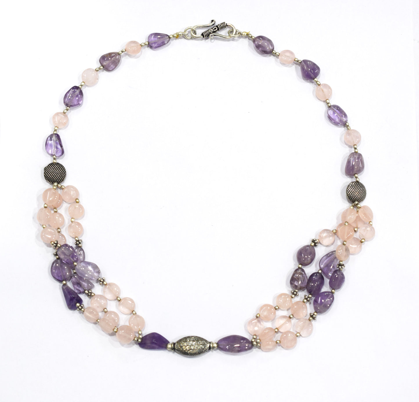 Amethyst Rose Quartz Multi-Strand Jewelry Set, 3-Layer Beaded Gemstone Necklace and Earrings, 32877