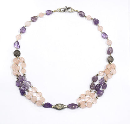 Amethyst Rose Quartz Multi-Strand Jewelry Set, 3-Layer Beaded Gemstone Necklace and Earrings, 32877