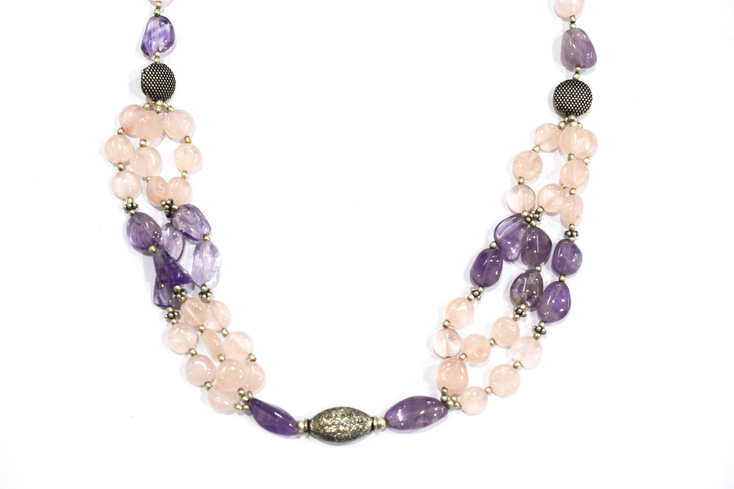 Amethyst Rose Quartz Multi-Strand Jewelry Set, 3-Layer Beaded Gemstone Necklace and Earrings, 32877