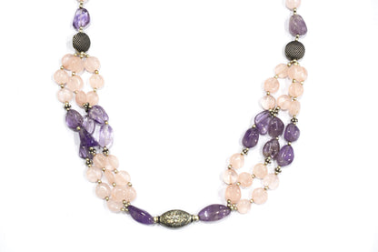 Amethyst Rose Quartz Multi-Strand Jewelry Set, 3-Layer Beaded Gemstone Necklace and Earrings, 32877