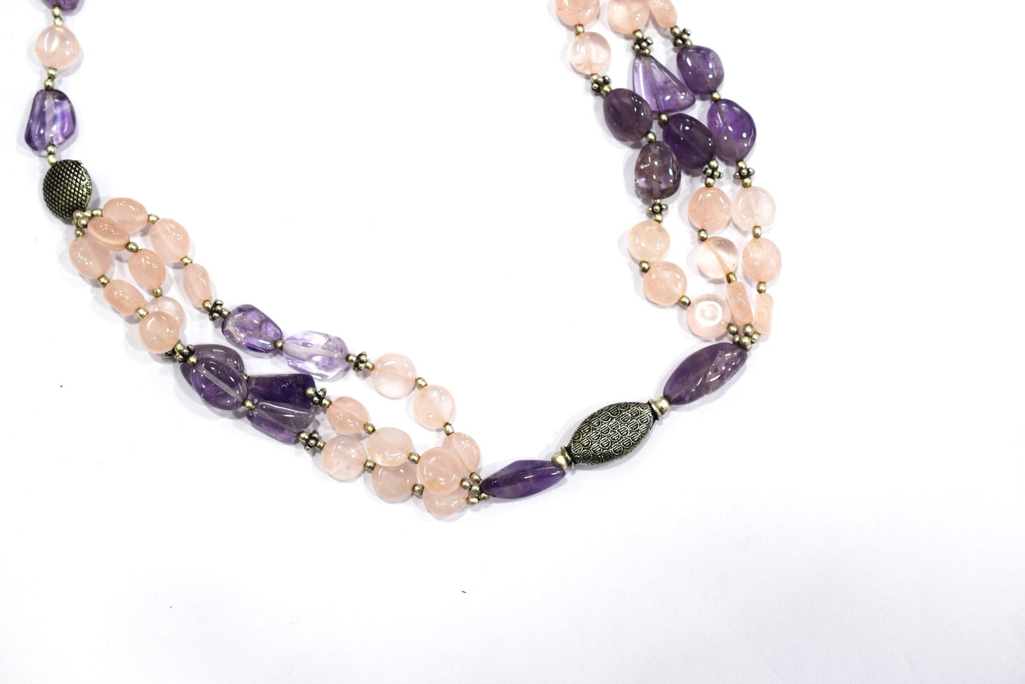 Amethyst Rose Quartz Multi-Strand Jewelry Set, 3-Layer Beaded Gemstone Necklace and Earrings, 32877