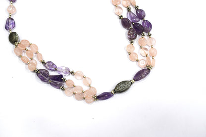 Amethyst Rose Quartz Multi-Strand Jewelry Set, 3-Layer Beaded Gemstone Necklace and Earrings, 32877