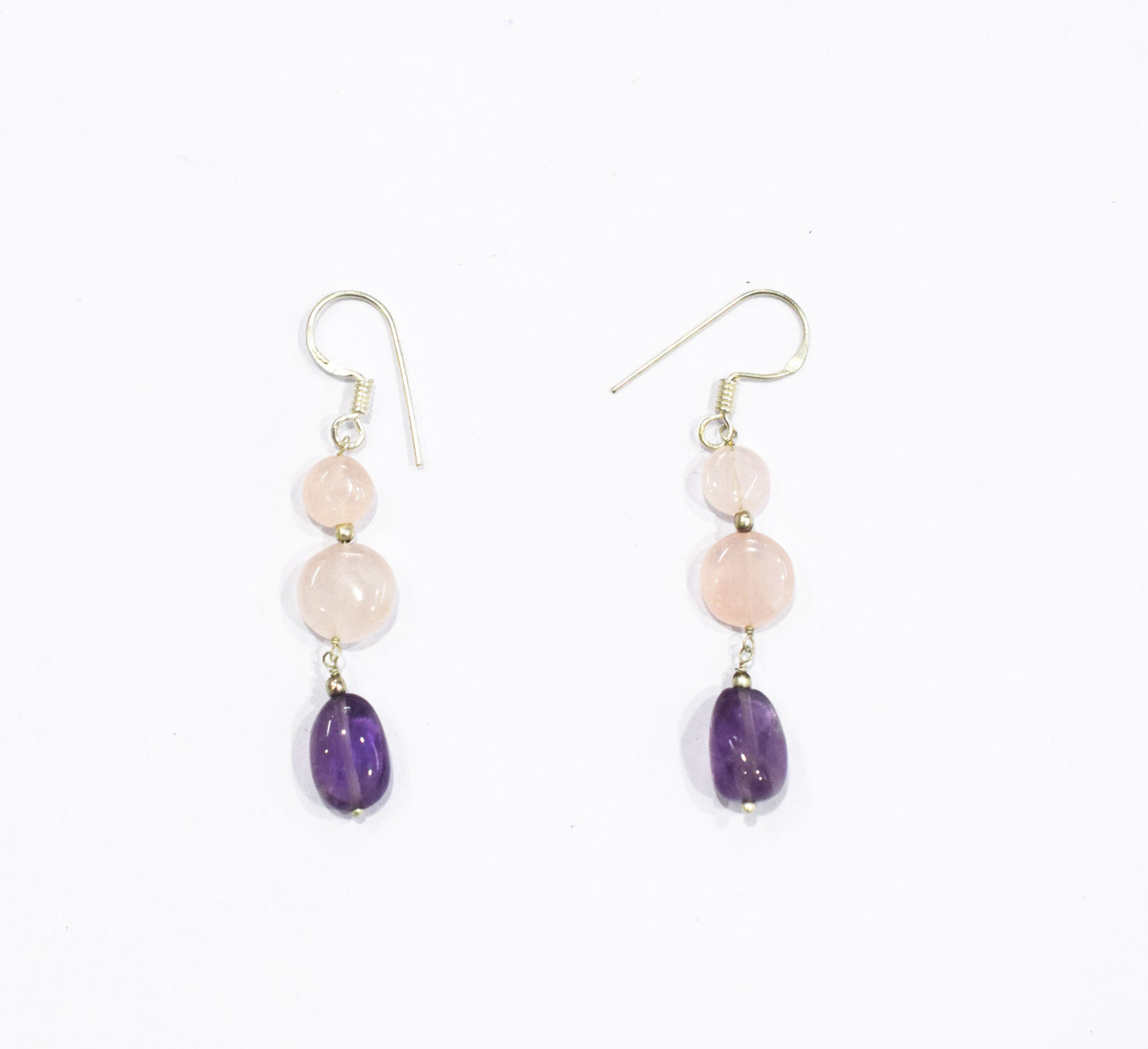 Amethyst Rose Quartz Multi-Strand Jewelry Set, 3-Layer Beaded Gemstone Necklace and Earrings, 32877