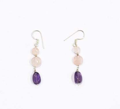 Amethyst Rose Quartz Multi-Strand Jewelry Set, 3-Layer Beaded Gemstone Necklace and Earrings, 32877