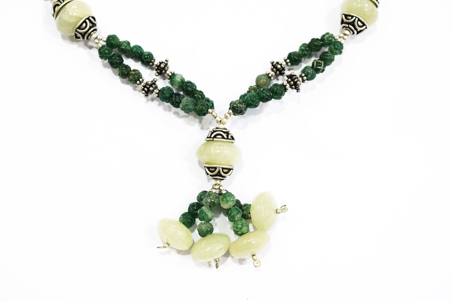 Green Aventurine Tassel Statement Necklace Set, Multi-Strand Beaded Gemstone Lariat and Earrings