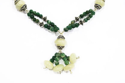 Green Aventurine Tassel Statement Necklace Set, Multi-Strand Beaded Gemstone Lariat and Earrings