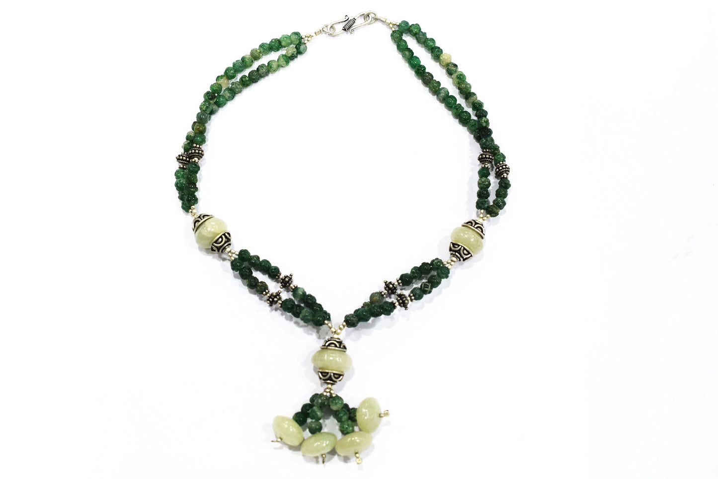 Green Aventurine Tassel Statement Necklace Set, Multi-Strand Beaded Gemstone Lariat and Earrings