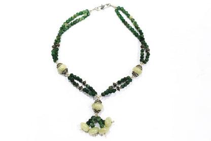 Green Aventurine Tassel Statement Necklace Set, Multi-Strand Beaded Gemstone Lariat and Earrings