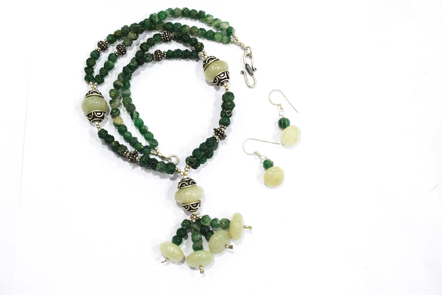 Green Aventurine Tassel Statement Necklace Set, Multi-Strand Beaded Gemstone Lariat and Earrings