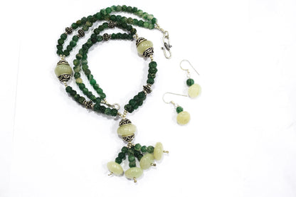 Green Aventurine Tassel Statement Necklace Set, Multi-Strand Beaded Gemstone Lariat and Earrings