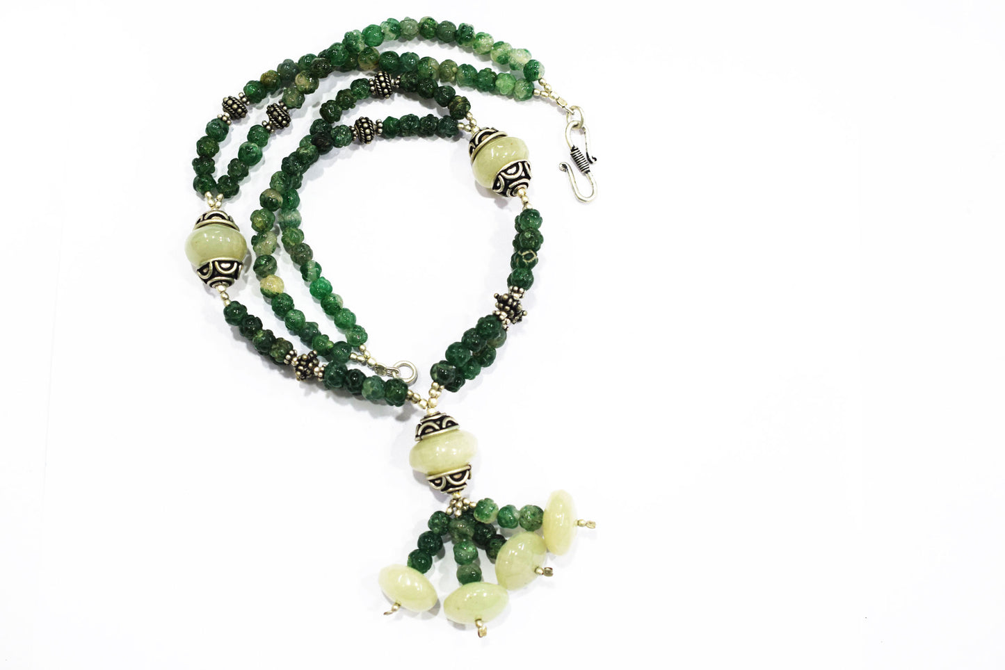 Green Aventurine Tassel Statement Necklace Set, Multi-Strand Beaded Gemstone Lariat and Earrings