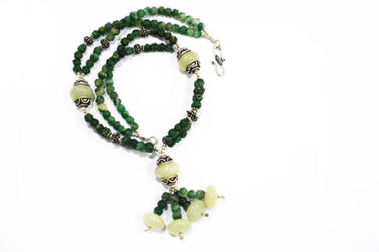 Green Aventurine Tassel Statement Necklace Set, Multi-Strand Beaded Gemstone Lariat and Earrings