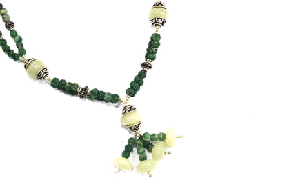 Green Aventurine Tassel Statement Necklace Set, Multi-Strand Beaded Gemstone Lariat and Earrings