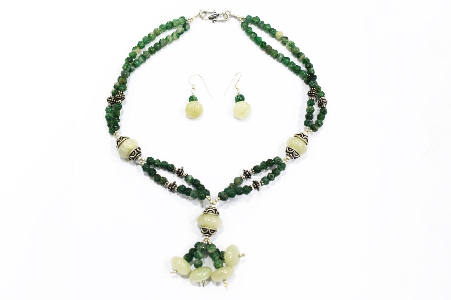 Green Aventurine Tassel Statement Necklace Set, Multi-Strand Beaded Gemstone Lariat and Earrings
